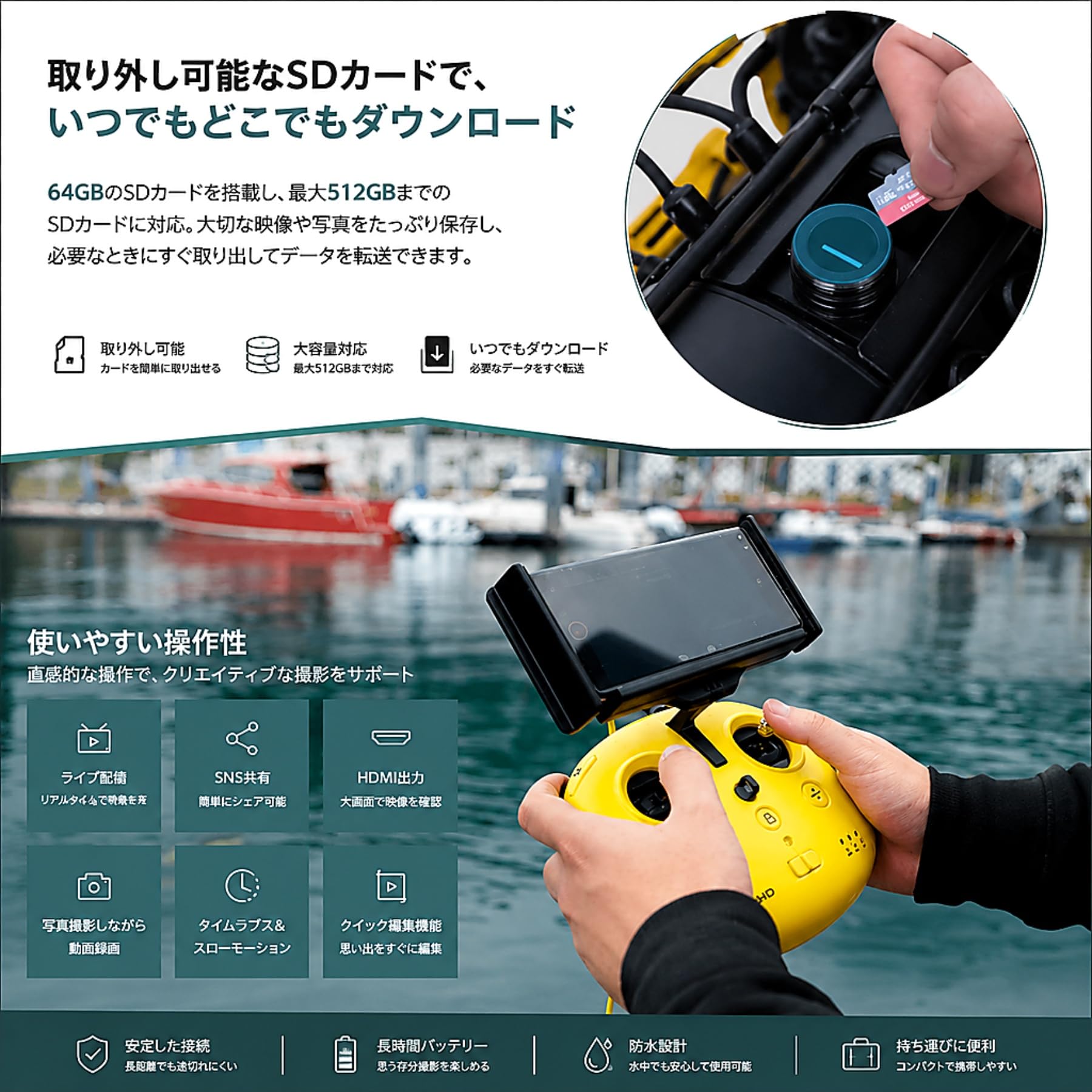 Amazon.co.jp: Hiroze水中ドローン 100m 潜航深度 4K UHD 1200 万画素